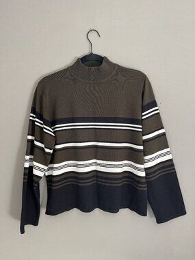 Vintage Sag Harbor Green Black White Striped Mock Neck Long Sleeve Sweater Large